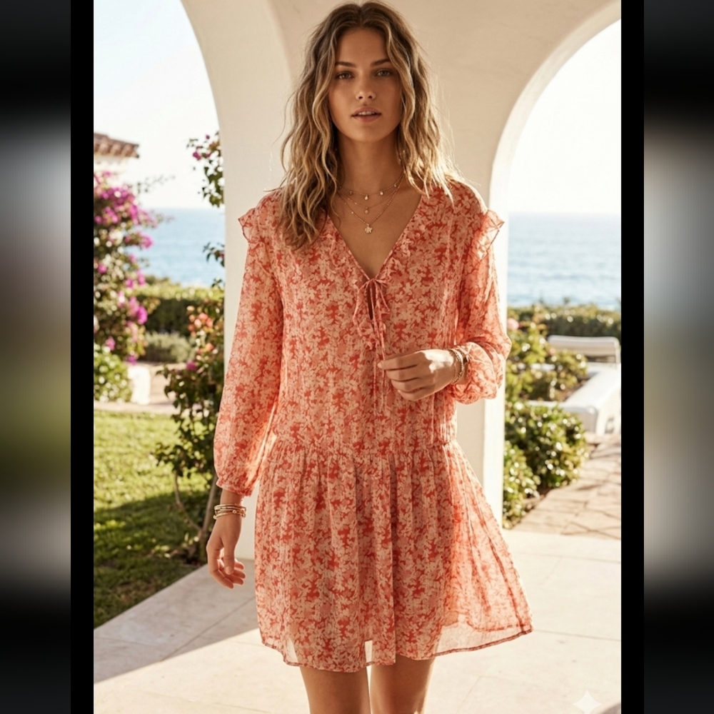 Zara Coral Floral Long Sleeve Dress